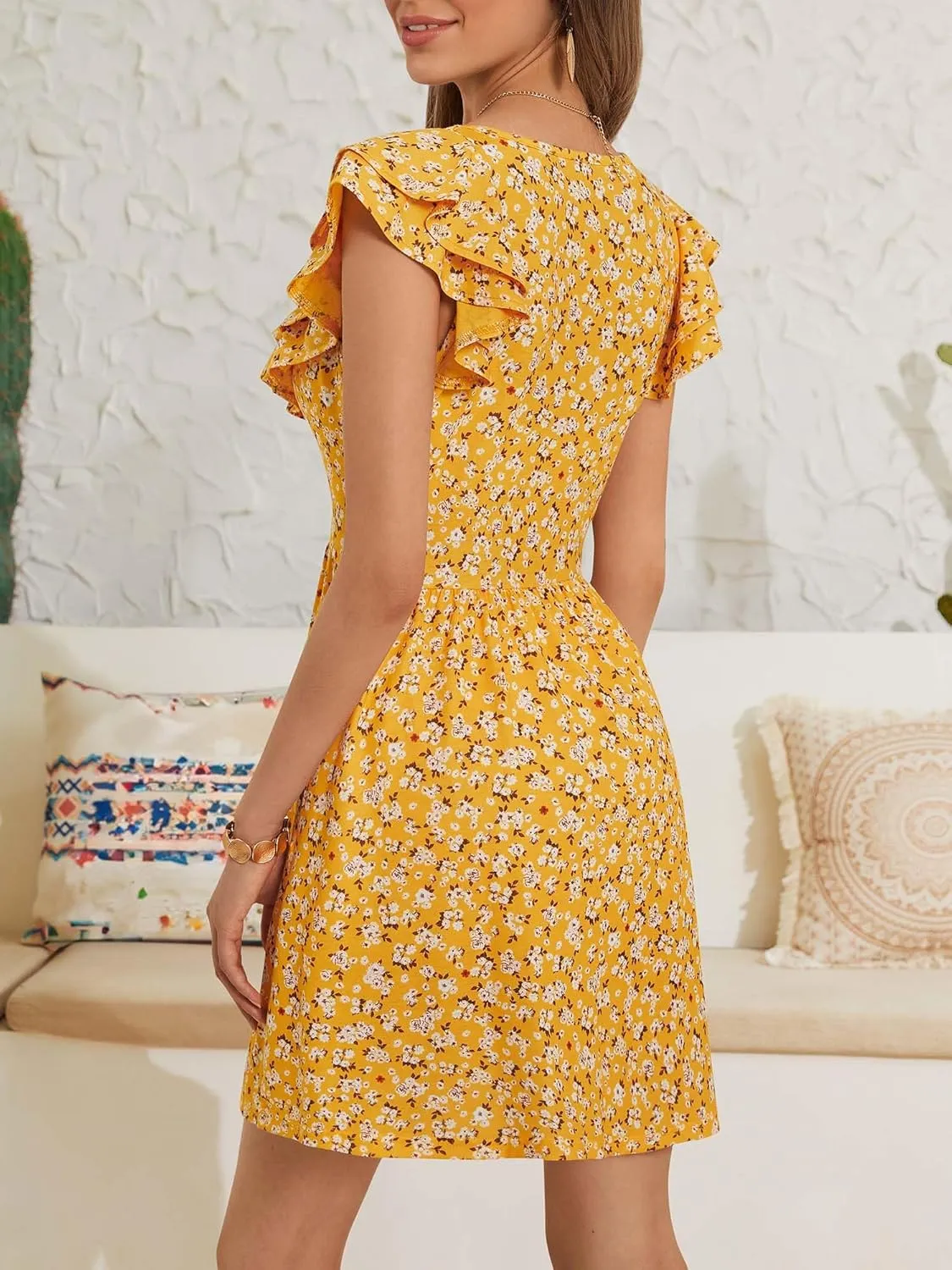 Loemes Sundress Casual Cute Mini Dress Deep V Neck Floral Fuffle Sleeveless Summer Dresses for Women 2025 with Pockets