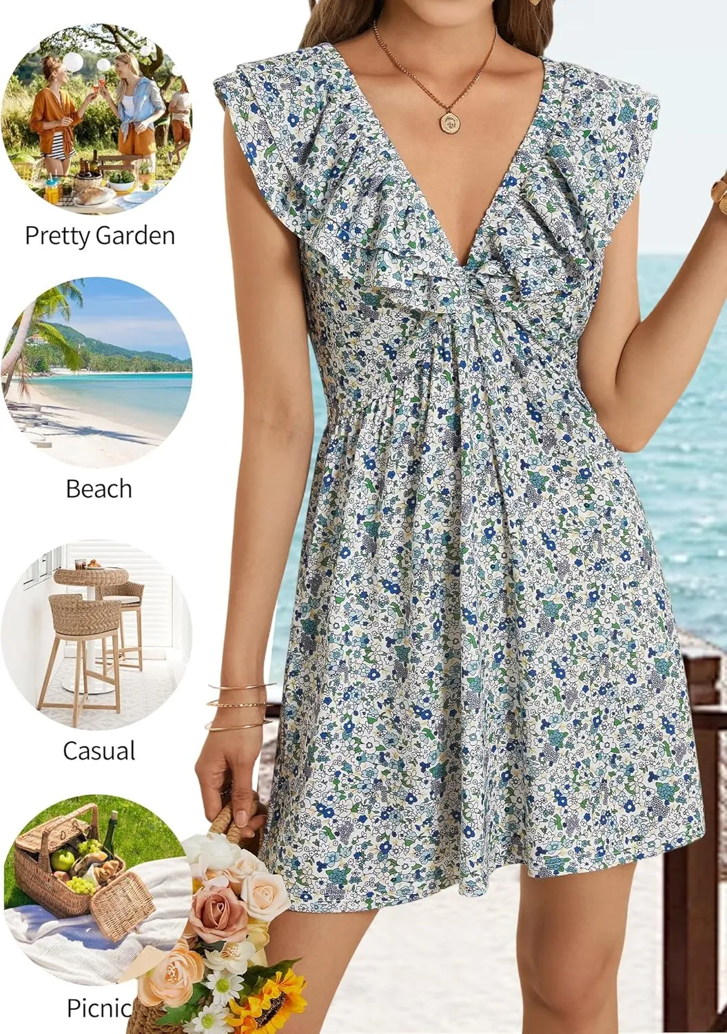 Loemes Sundress Casual Cute Mini Dress Deep V Neck Floral Fuffle Sleeveless Summer Dresses for Women 2025 with Pockets
