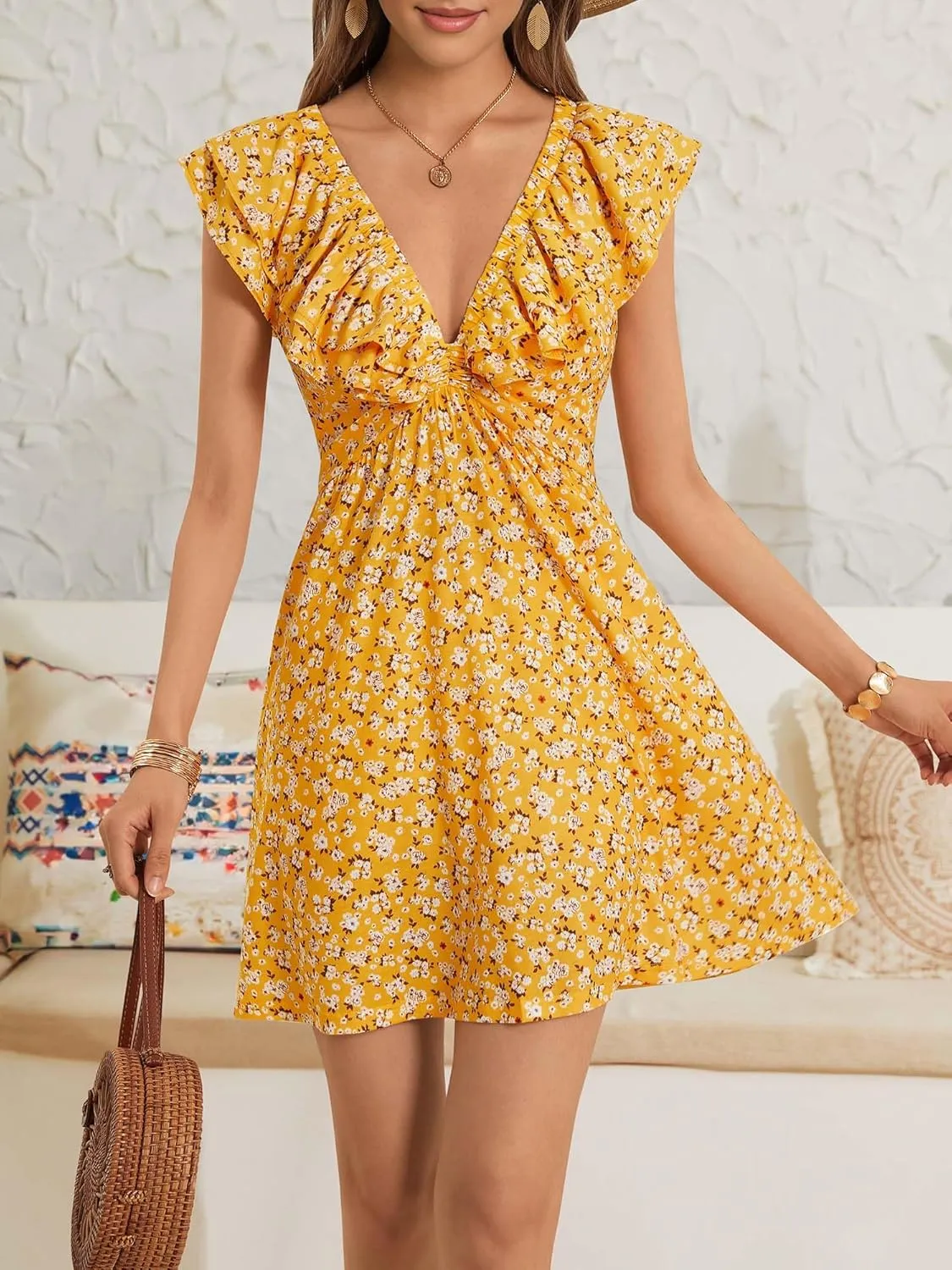 Loemes Sundress Casual Cute Mini Dress Deep V Neck Floral Fuffle Sleeveless Summer Dresses for Women 2025 with Pockets