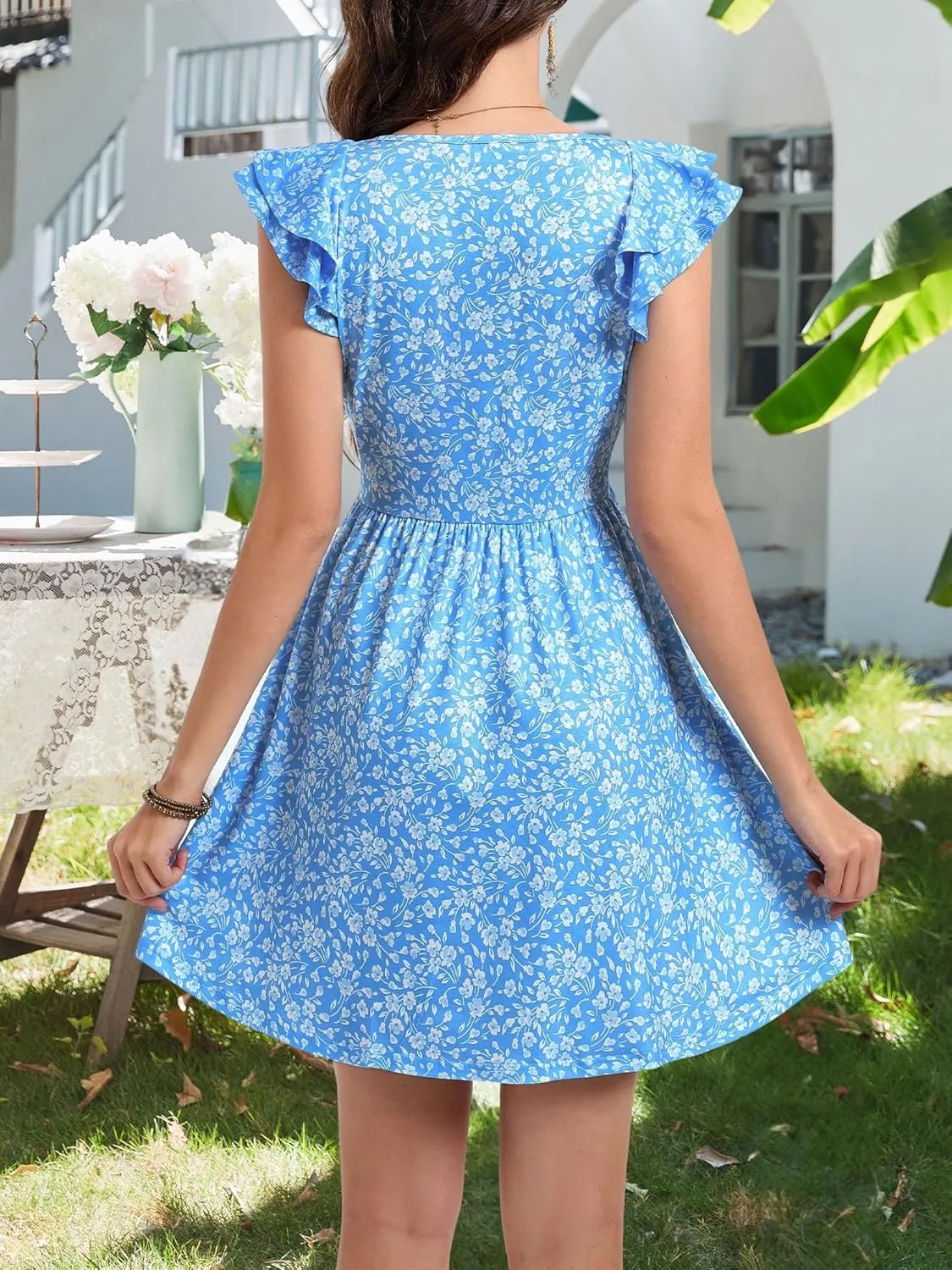 Loemes Sundress Casual Cute Mini Dress Deep V Neck Floral Fuffle Sleeveless Summer Dresses for Women 2025 with Pockets