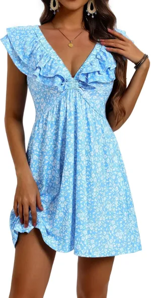 Loemes Sundress Casual Cute Mini Dress Deep V Neck Floral Fuffle Sleeveless Summer Dresses for Women 2025 with Pockets