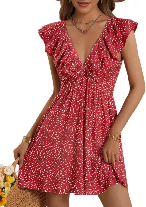 Loemes Sundress Casual Cute Mini Dress Deep V Neck Floral Fuffle Sleeveless Summer Dresses for Women 2025 with Pockets