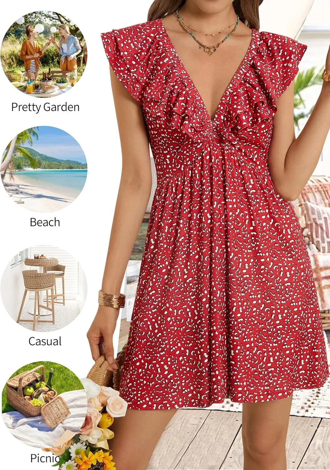 Loemes Sundress Casual Cute Mini Dress Deep V Neck Floral Fuffle Sleeveless Summer Dresses for Women 2025 with Pockets
