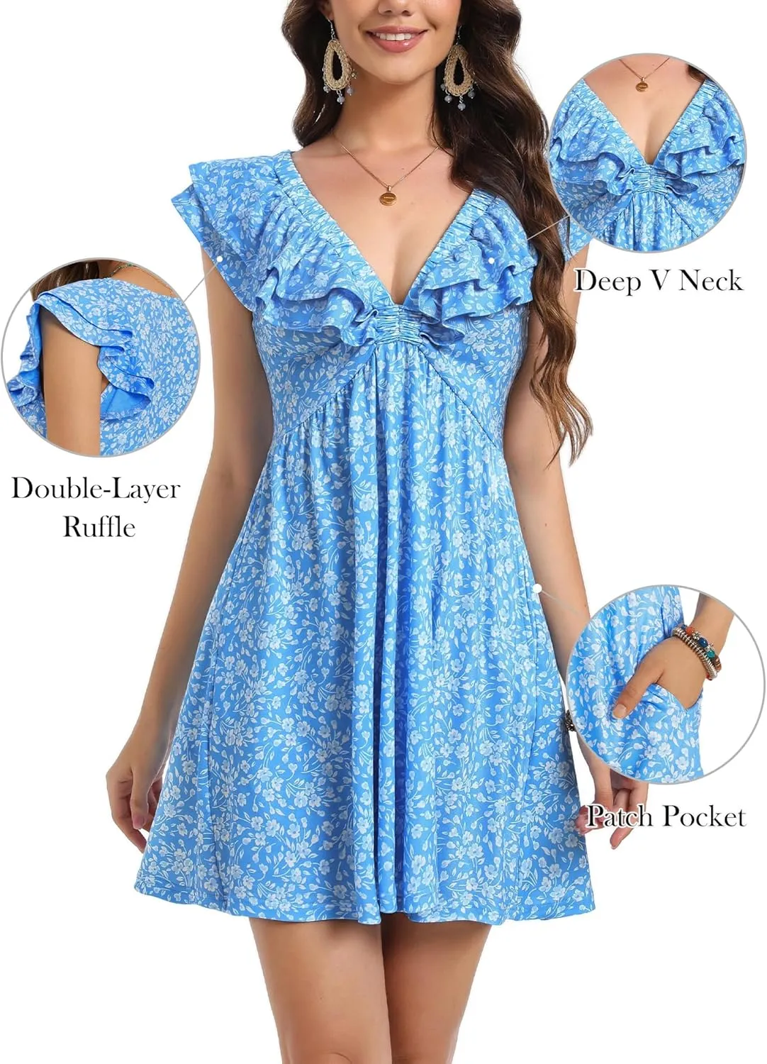 Loemes Sundress Casual Cute Mini Dress Deep V Neck Floral Fuffle Sleeveless Summer Dresses for Women 2025 with Pockets
