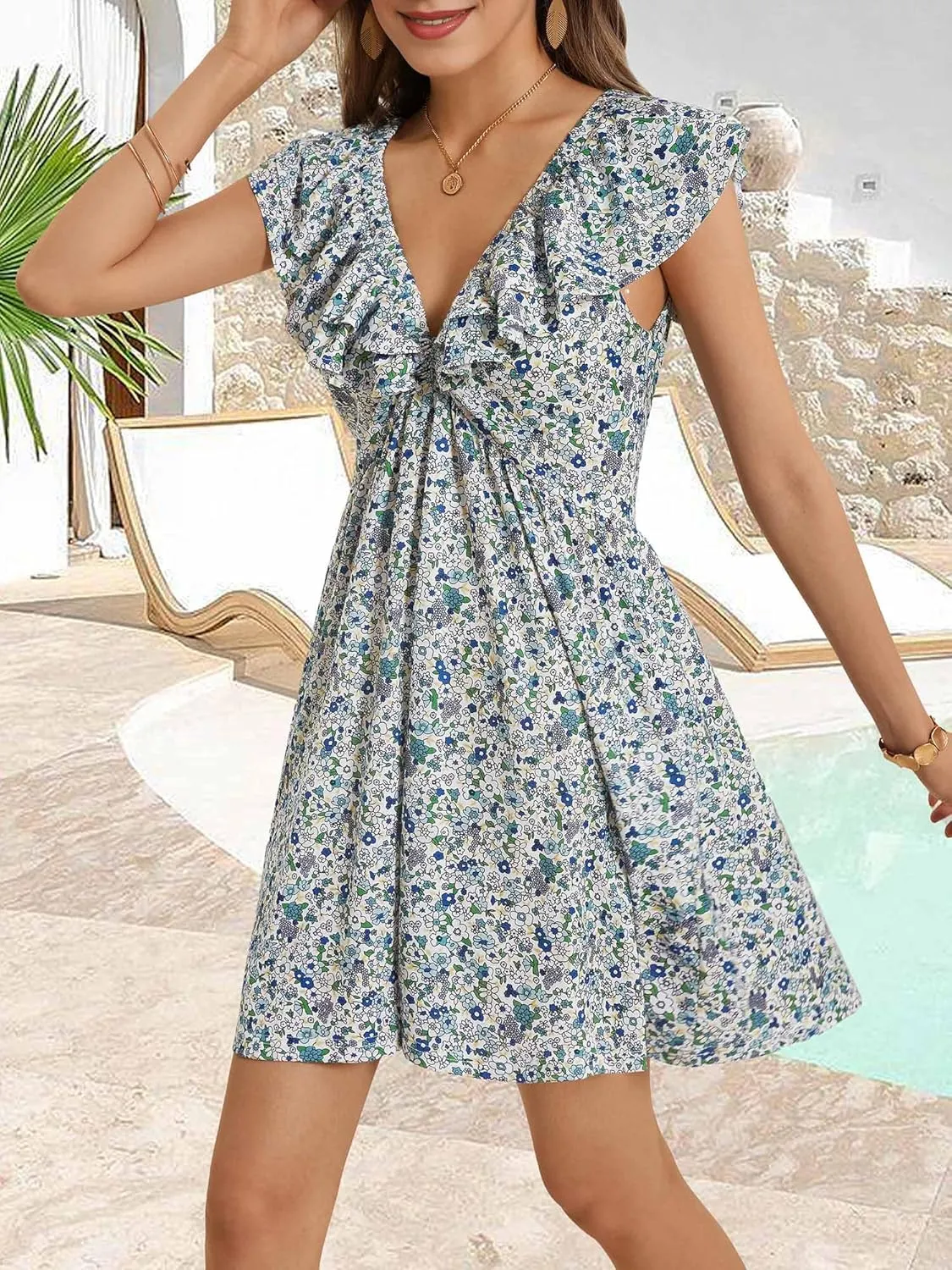 Loemes Sundress Casual Cute Mini Dress Deep V Neck Floral Fuffle Sleeveless Summer Dresses for Women 2025 with Pockets