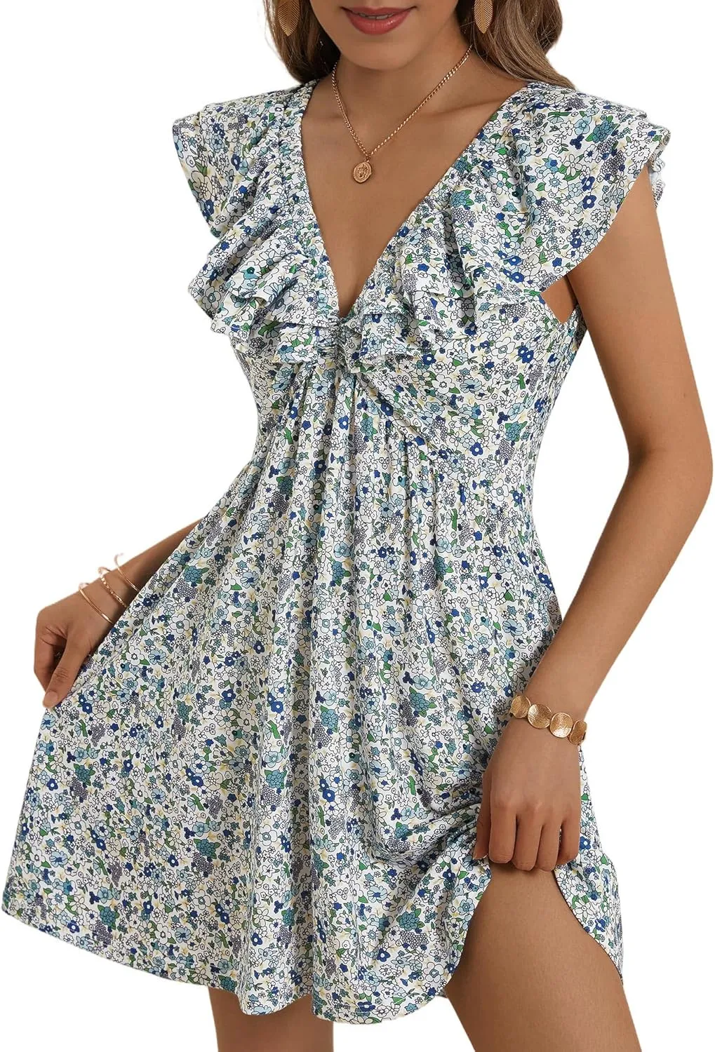 Loemes Sundress Casual Cute Mini Dress Deep V Neck Floral Fuffle Sleeveless Summer Dresses for Women 2025 with Pockets