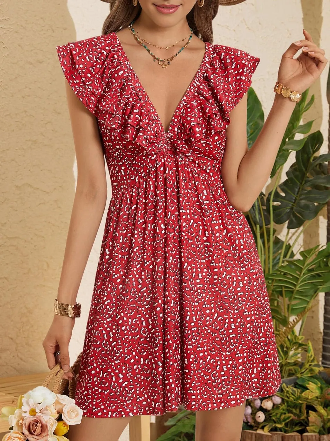 Loemes Sundress Casual Cute Mini Dress Deep V Neck Floral Fuffle Sleeveless Summer Dresses for Women 2025 with Pockets