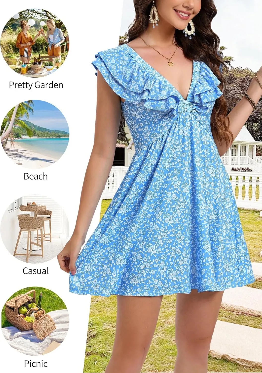 Loemes Sundress Casual Cute Mini Dress Deep V Neck Floral Fuffle Sleeveless Summer Dresses for Women 2025 with Pockets