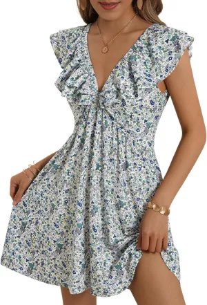 Loemes Sundress Casual Cute Mini Dress Deep V Neck Floral Fuffle Sleeveless Summer Dresses for Women 2025 with Pockets