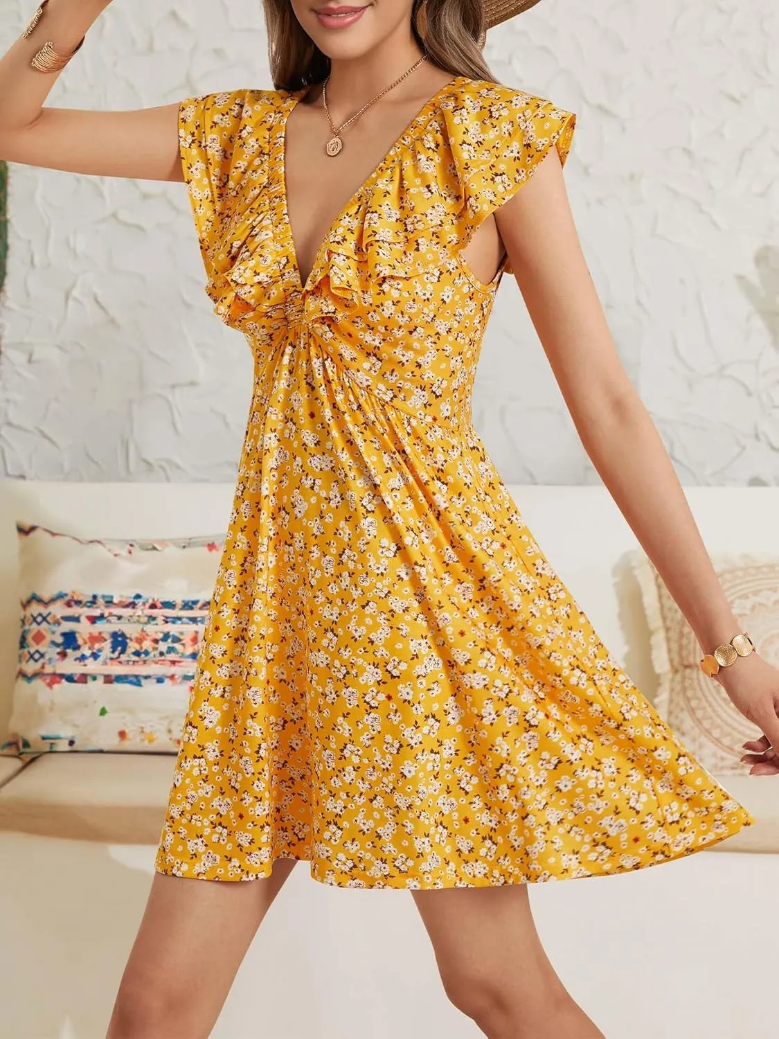 Loemes Sundress Casual Cute Mini Dress Deep V Neck Floral Fuffle Sleeveless Summer Dresses for Women 2025 with Pockets