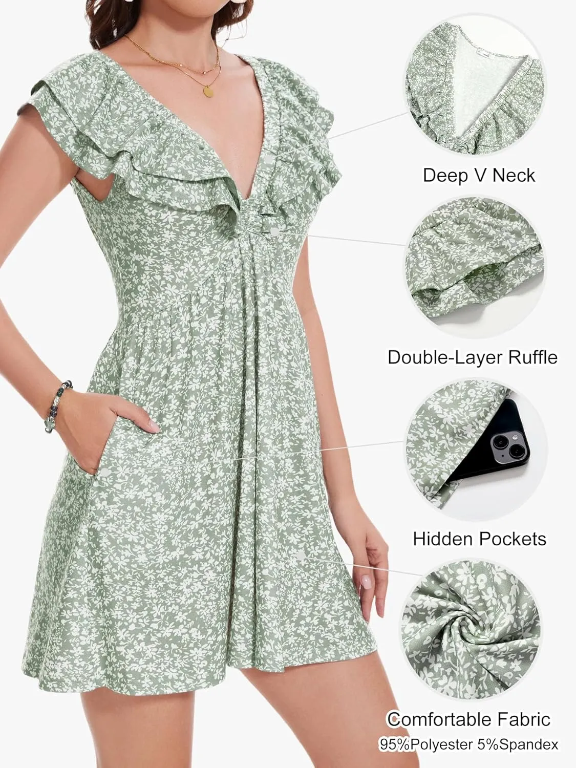 Loemes Sundress Casual Cute Mini Dress Deep V Neck Floral Fuffle Sleeveless Summer Dresses for Women 2025 with Pockets