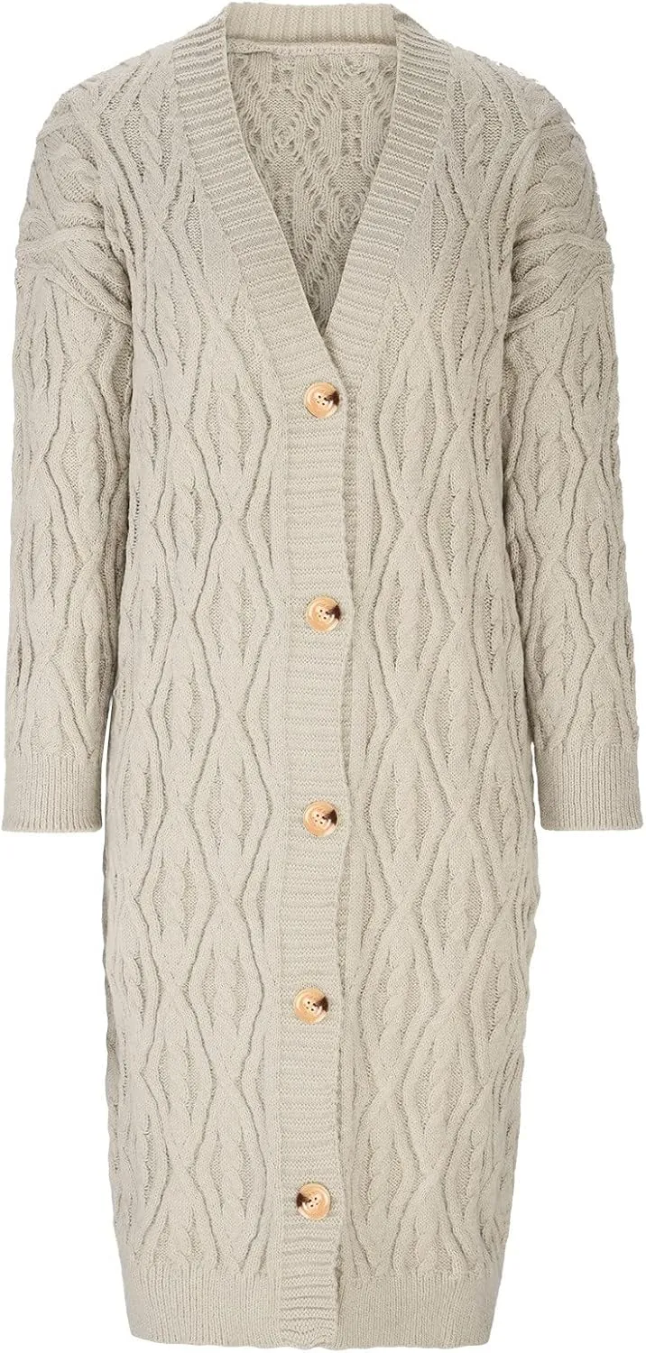 Long Cardigan Women's Long Sleeve Cable Knit Loose Plain Fall Winter Hooded Trench Coat Casual Pocket Knitted Overcoat