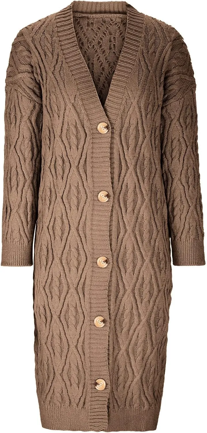Long Cardigan Women's Long Sleeve Cable Knit Loose Plain Fall Winter Hooded Trench Coat Casual Pocket Knitted Overcoat