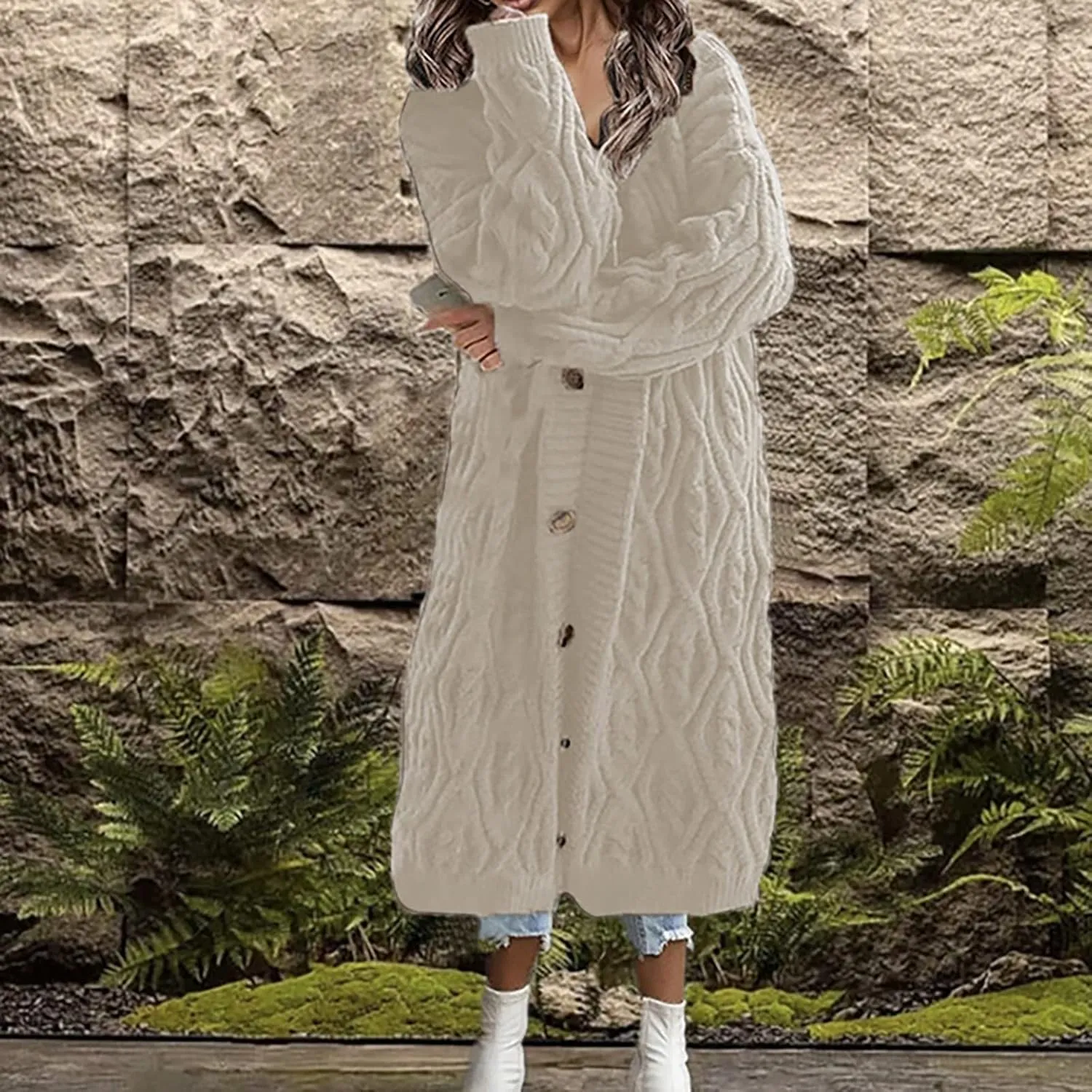 Long Cardigan Women's Long Sleeve Cable Knit Loose Plain Fall Winter Hooded Trench Coat Casual Pocket Knitted Overcoat
