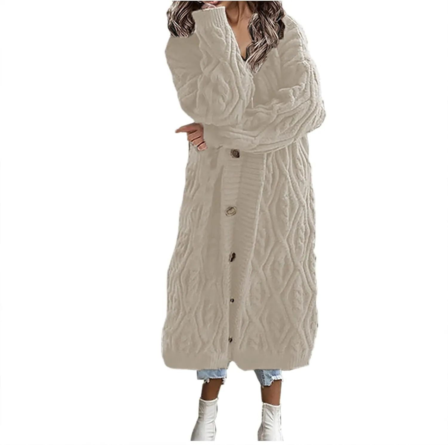 Long Cardigan Women's Long Sleeve Cable Knit Loose Plain Fall Winter Hooded Trench Coat Casual Pocket Knitted Overcoat