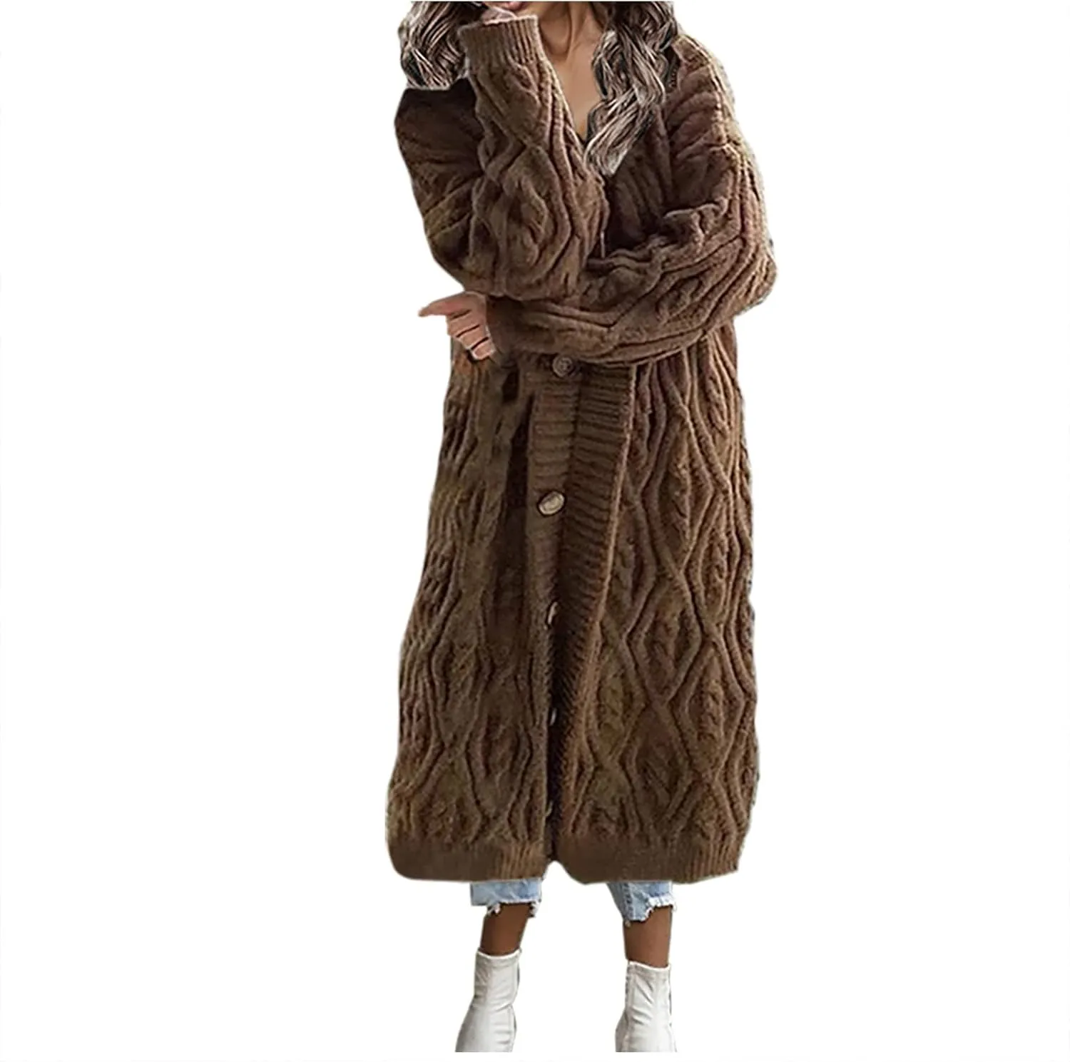 Long Cardigan Women's Long Sleeve Cable Knit Loose Plain Fall Winter Hooded Trench Coat Casual Pocket Knitted Overcoat