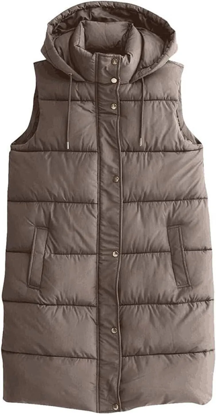 Long Puffer Vest for Women Oversized Zip Up Hooded Jacket Coat Puffer Down Coat Thickened Winter Warm Jacket