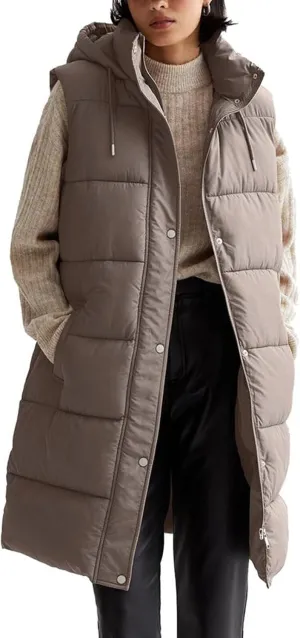 Long Puffer Vest for Women Oversized Zip Up Hooded Jacket Coat Puffer Down Coat Thickened Winter Warm Jacket