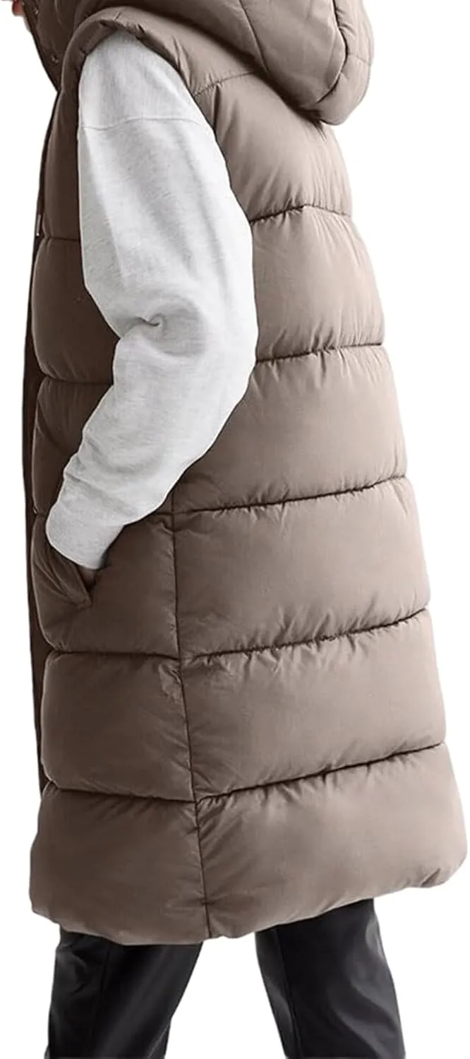 Long Puffer Vest for Women Oversized Zip Up Hooded Jacket Coat Puffer Down Coat Thickened Winter Warm Jacket