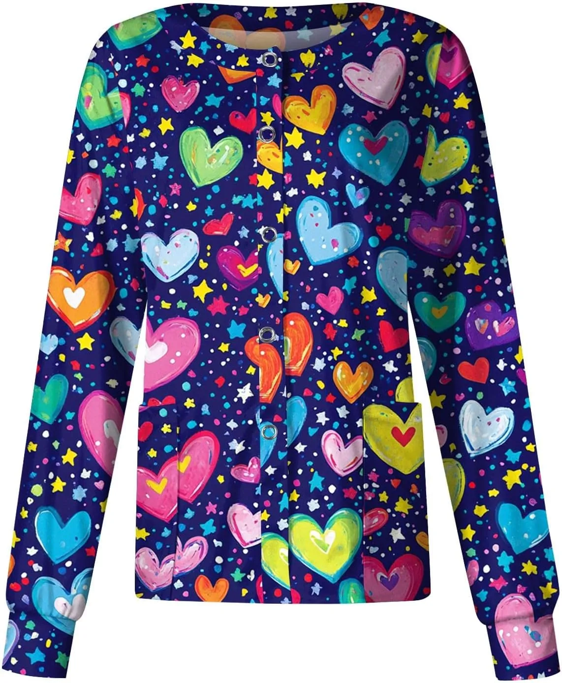 Long Sleeve Scrub Jackets Print Scrub Jackets for Women Snap Front Cute Animals Pattern Medical Nurse Working Uniforms