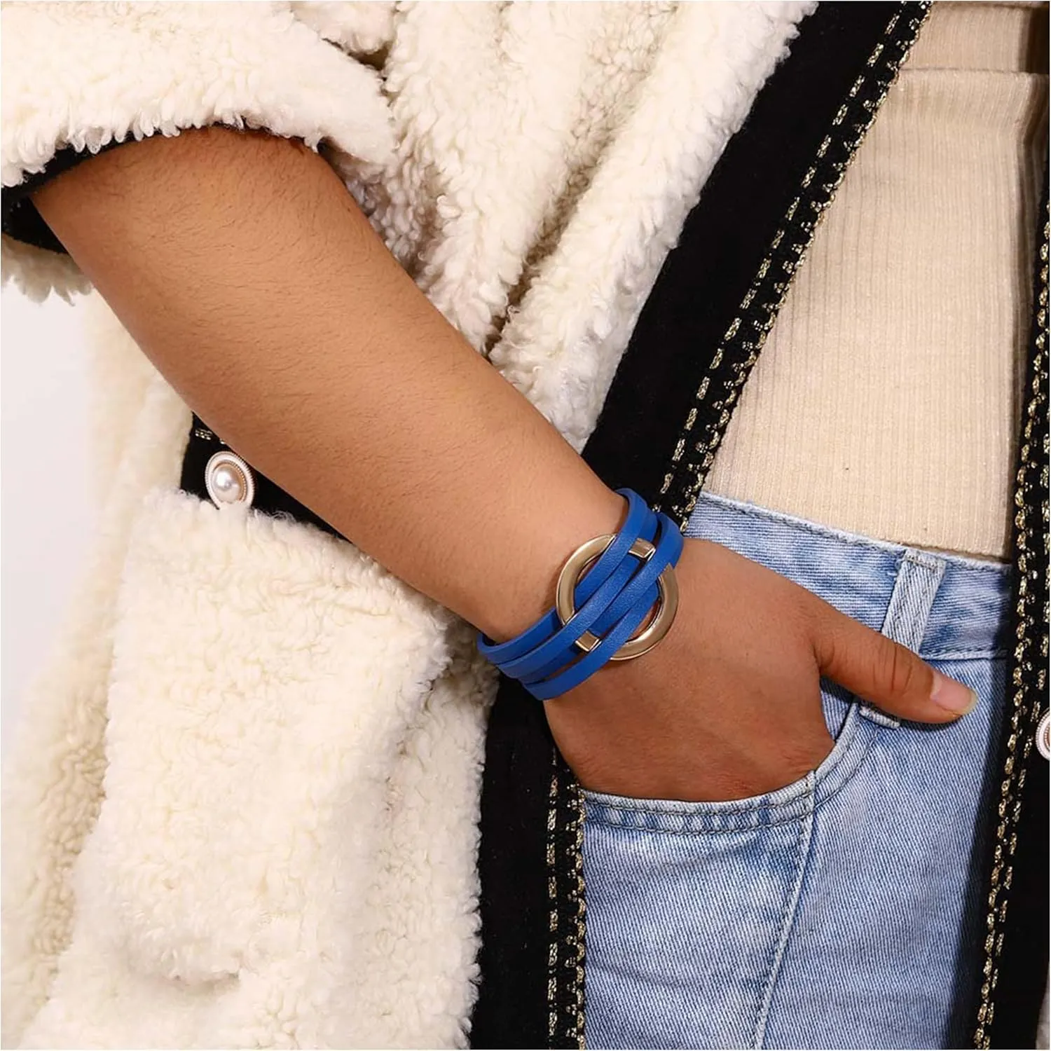 Long tiantian Blue Bracelets for Women Leather Cuff Bracelet for Women Circle Charm Bangle Bracelets Leather Wrap Bracelets Boho Bracelets Multilayer Stackable Bracelets Costume Jewelry for Women