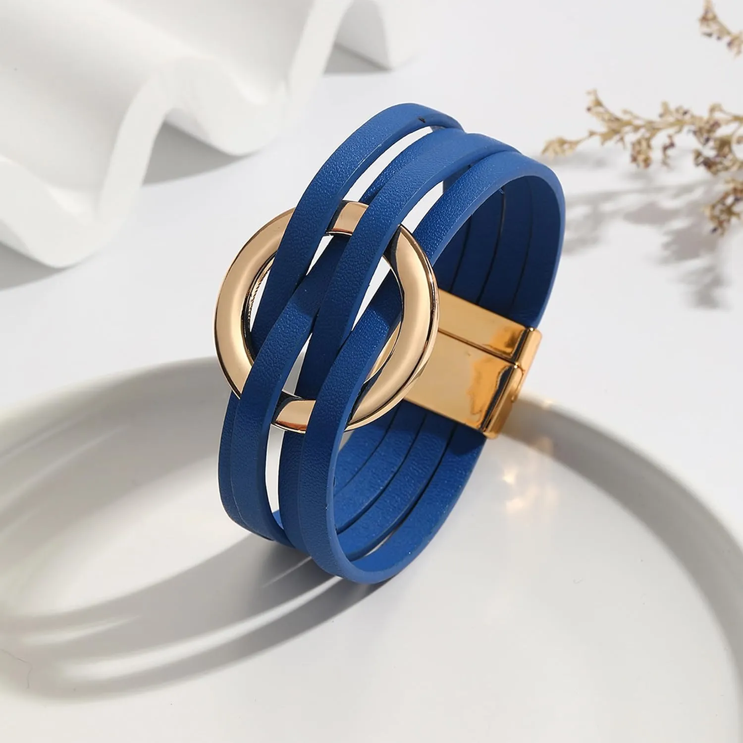 Long tiantian Blue Bracelets for Women Leather Cuff Bracelet for Women Circle Charm Bangle Bracelets Leather Wrap Bracelets Boho Bracelets Multilayer Stackable Bracelets Costume Jewelry for Women