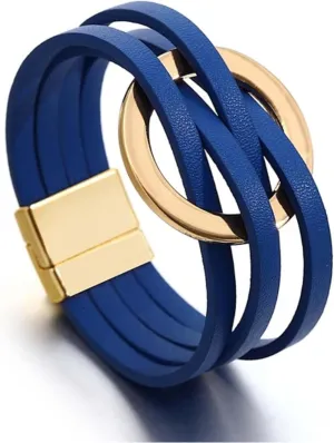 Long tiantian Blue Bracelets for Women Leather Cuff Bracelet for Women Circle Charm Bangle Bracelets Leather Wrap Bracelets Boho Bracelets Multilayer Stackable Bracelets Costume Jewelry for Women