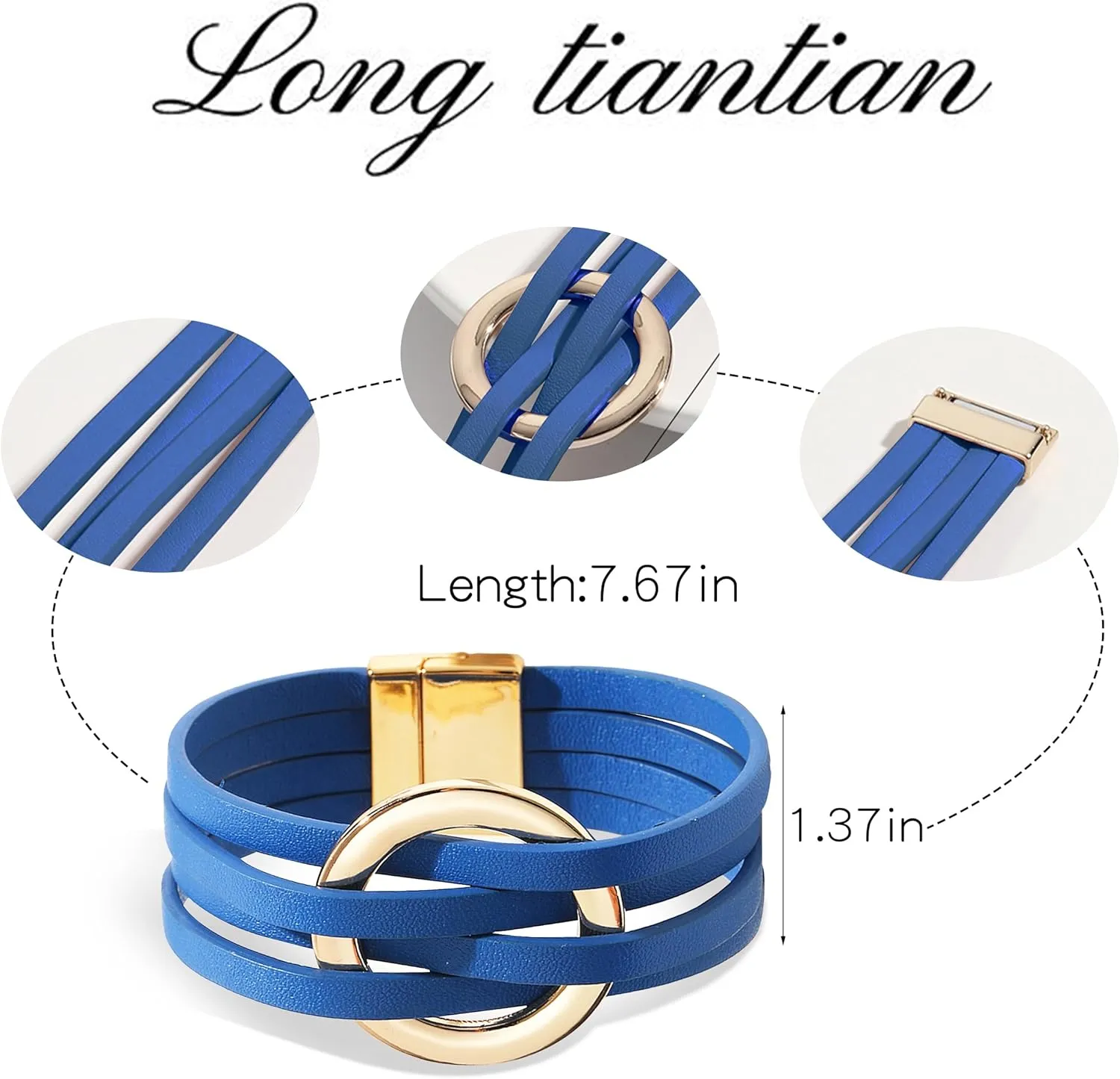 Long tiantian Blue Bracelets for Women Leather Cuff Bracelet for Women Circle Charm Bangle Bracelets Leather Wrap Bracelets Boho Bracelets Multilayer Stackable Bracelets Costume Jewelry for Women