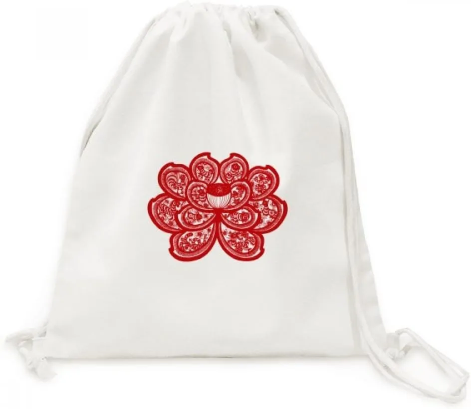 Lotus Chinese Zodiac Paper Cut Flower Animal Canvas Drawstring Backpack Travel Shopping Bags