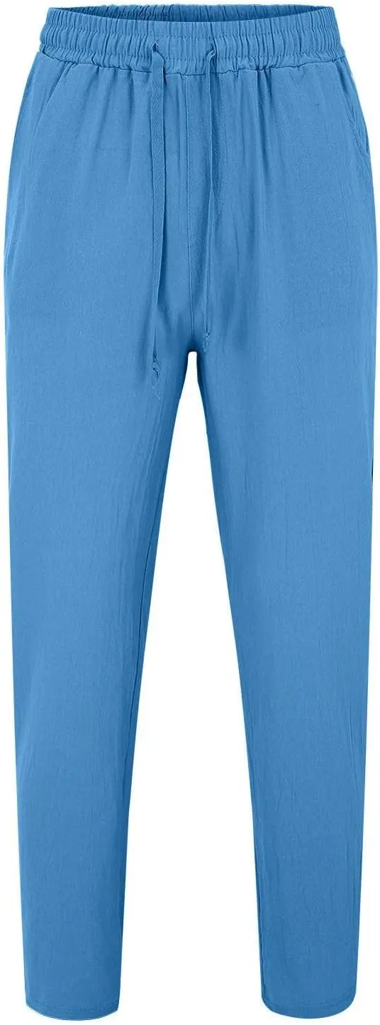 Lounge Pants for Men Relaxed Fit Elastic Waist Solid Summer Beach Pants Lightweight Comfy Breathable Cotton and Linen Pants