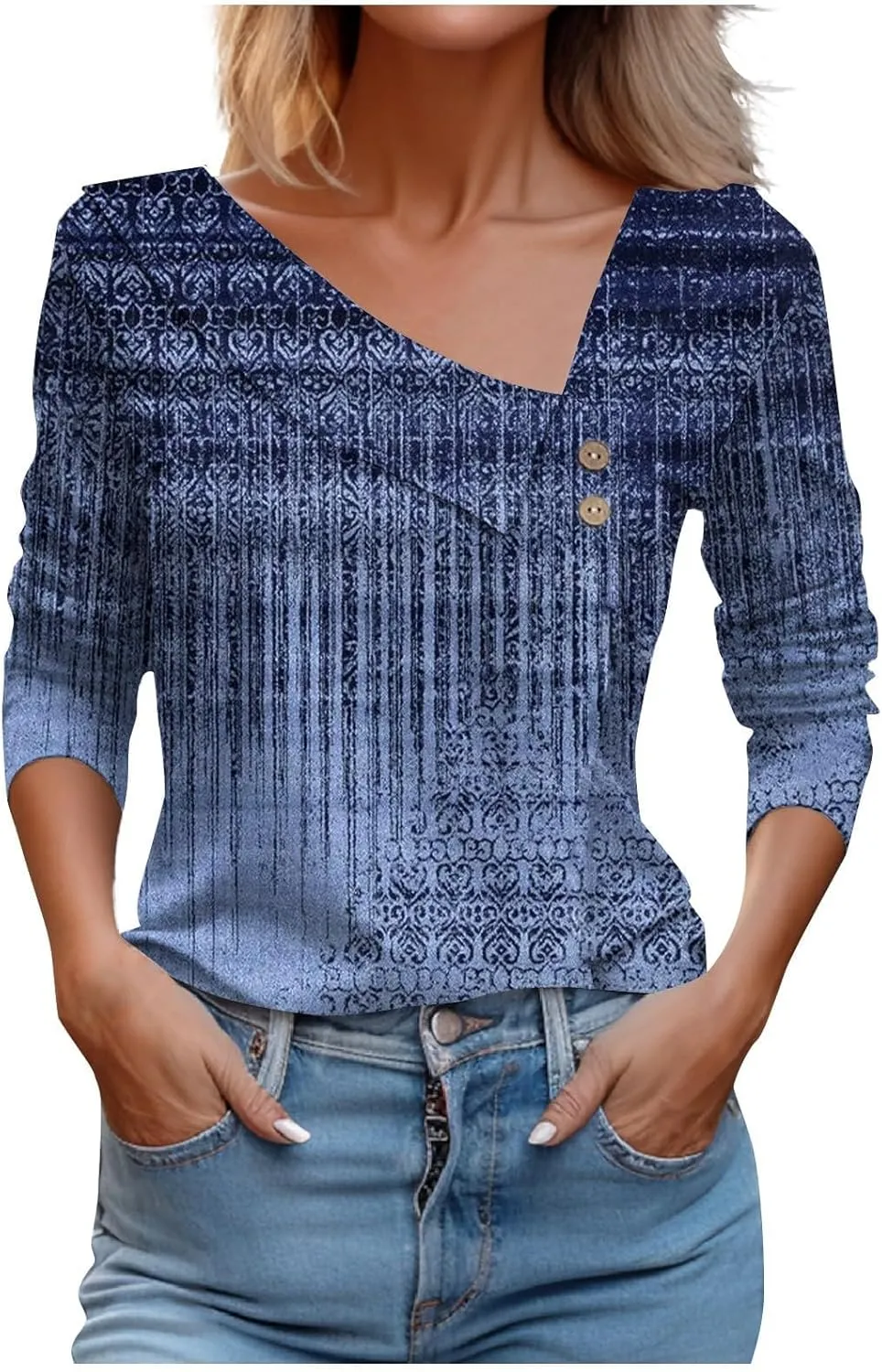 LRMQS Spring Tops for Women 2024 Trendy Casual Long Sleeve Asymmetric V Neck Button Blouses Dressy Woman Shirts Clothing