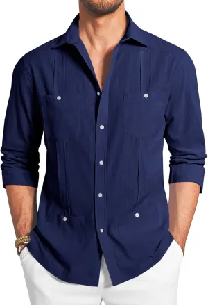 Makkrom Mens Guayabera Linen Shirts Long Sleeve Button Down Cuban Casual Summer Beach Shirt Tops