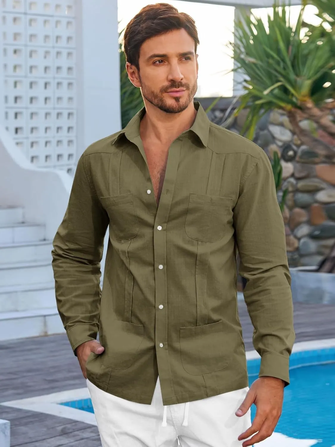 Makkrom Mens Guayabera Linen Shirts Long Sleeve Button Down Cuban Casual Summer Beach Shirt Tops