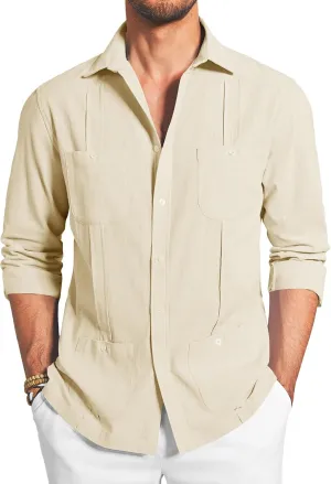 Makkrom Mens Guayabera Linen Shirts Long Sleeve Button Down Cuban Casual Summer Beach Shirt Tops
