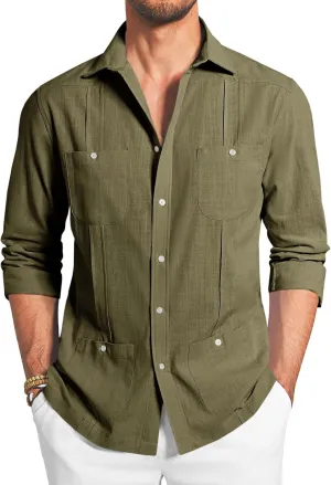 Makkrom Mens Guayabera Linen Shirts Long Sleeve Button Down Cuban Casual Summer Beach Shirt Tops