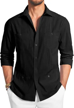 Makkrom Mens Guayabera Linen Shirts Long Sleeve Button Down Cuban Casual Summer Beach Shirt Tops