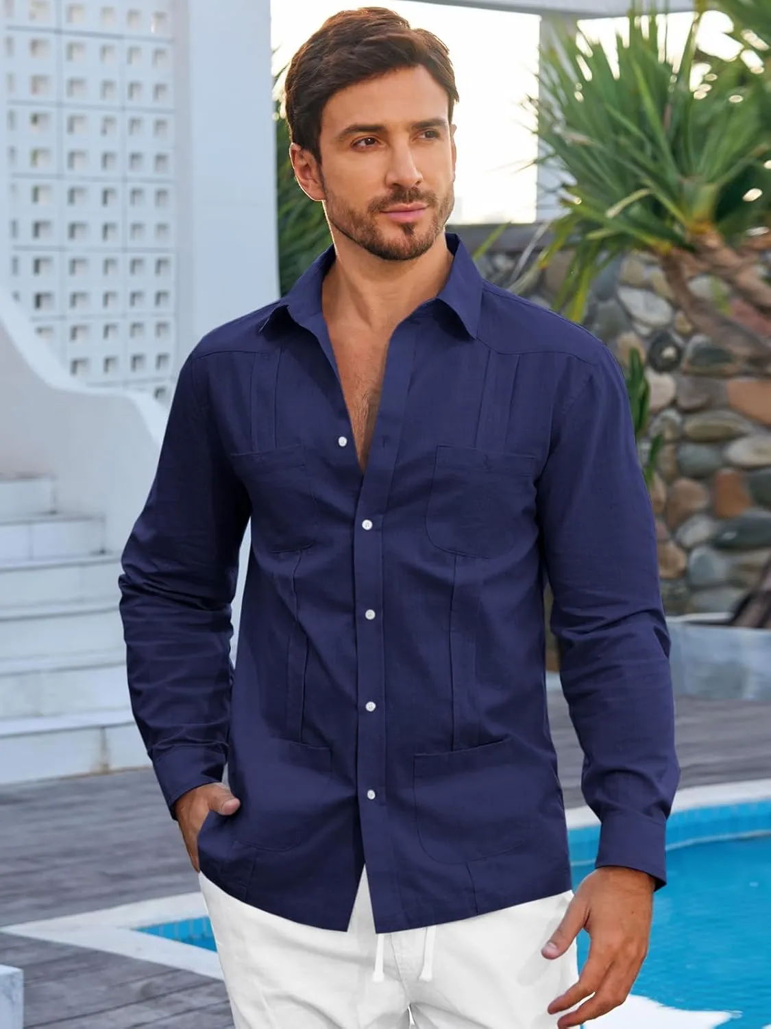 Makkrom Mens Guayabera Linen Shirts Long Sleeve Button Down Cuban Casual Summer Beach Shirt Tops