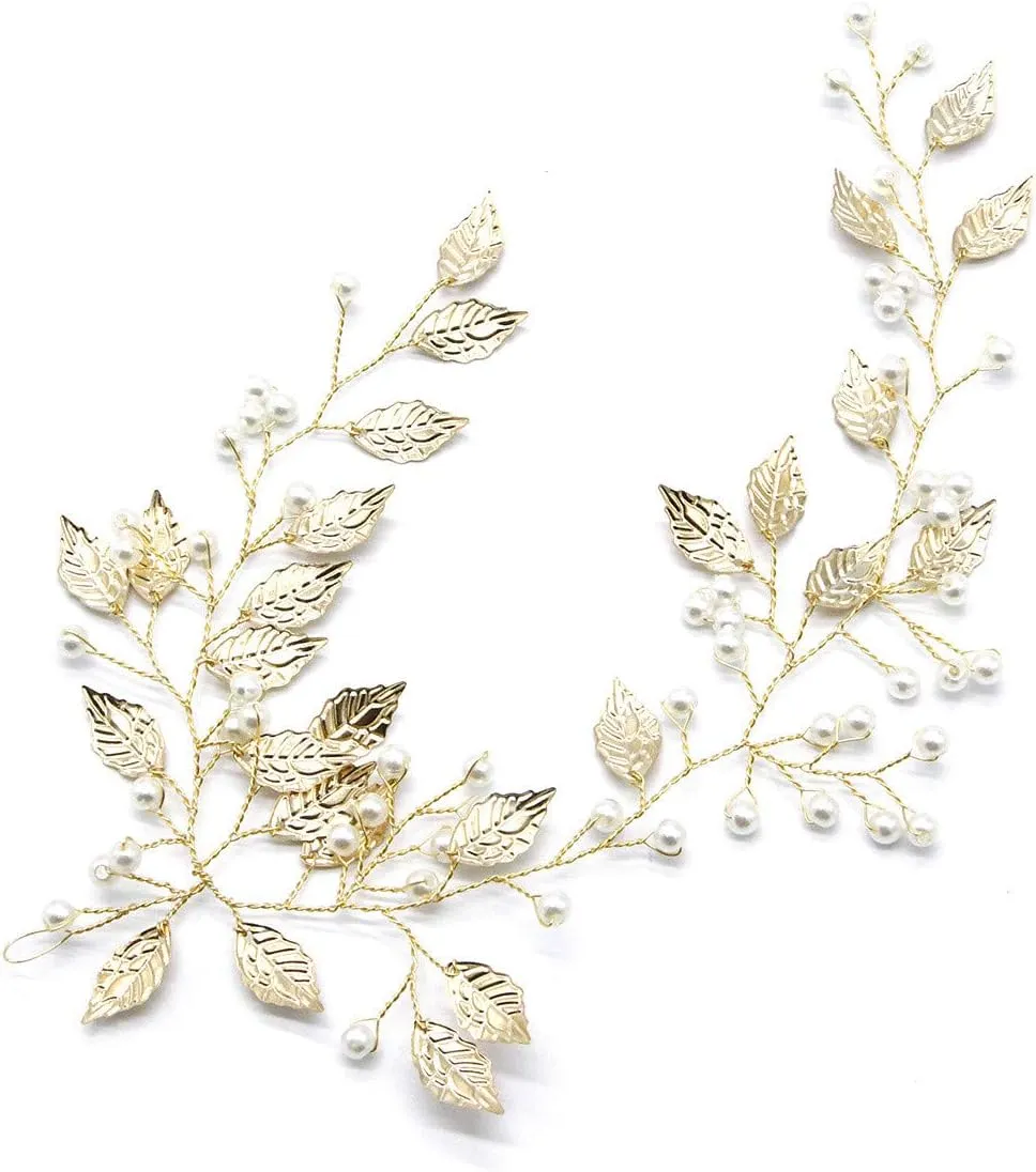 Matching Items for Couples Beaded Headdress Hair Bridal Alloy Golden Accessories Wedding Women Leaf Head Chain Bangle Bracelet for Women (Gold, One Size)