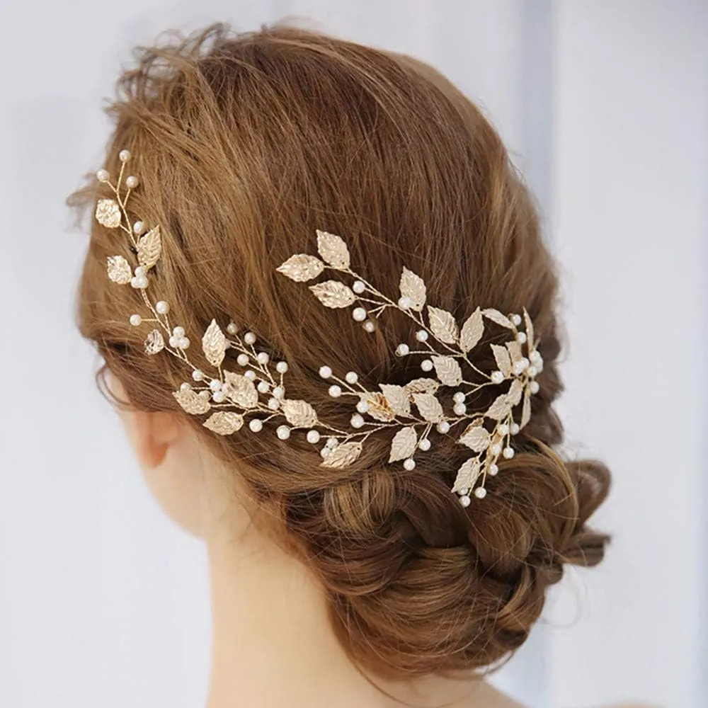 Matching Items for Couples Beaded Headdress Hair Bridal Alloy Golden Accessories Wedding Women Leaf Head Chain Bangle Bracelet for Women (Gold, One Size)