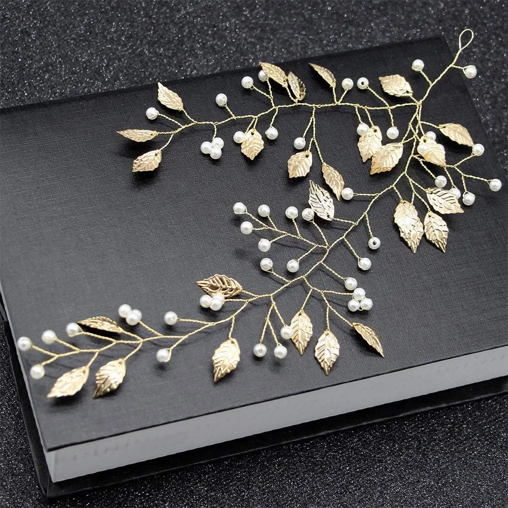 Matching Items for Couples Beaded Headdress Hair Bridal Alloy Golden Accessories Wedding Women Leaf Head Chain Bangle Bracelet for Women (Gold, One Size)