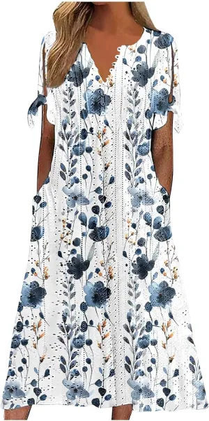 Maxi Dresses for Women 2025 Trendy Short Sleeve Eyelet Dress v Neck Floral Printed Dresses Summer Beach Dress