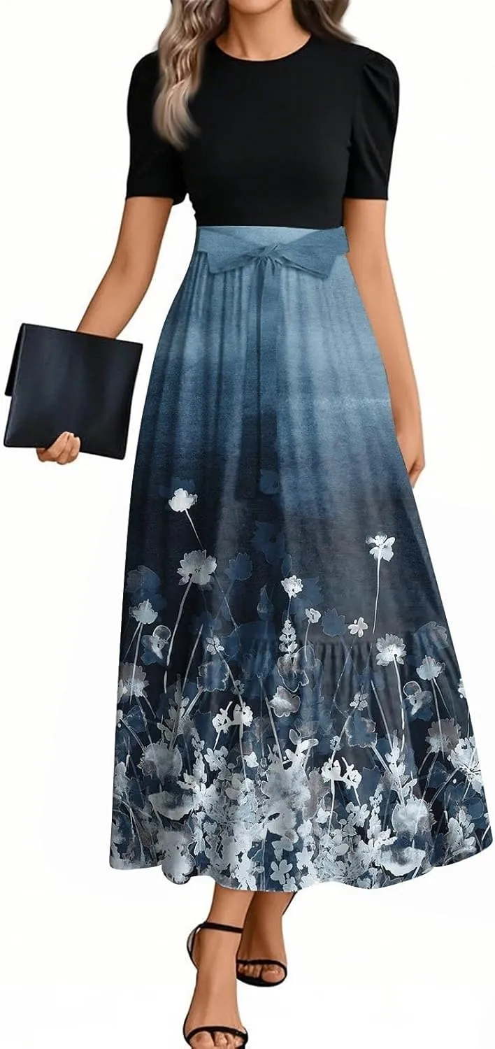 Maxi Flower Print 2025 Dresses for Women, Beach Elegant Womens Jumpsuit Spring Bow Crew Neck Rompers for Women