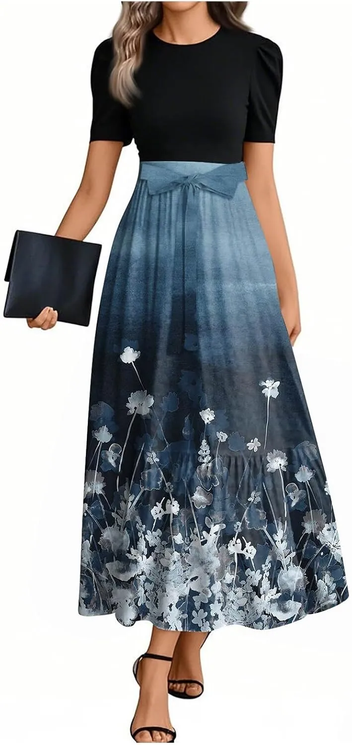 Maxi Flower Print 2025 Dresses for Women, Beach Elegant Womens Jumpsuit Spring Bow Crew Neck Rompers for Women