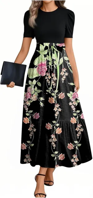 Maxi Flower Print 2025 Dresses for Women, Beach Elegant Womens Jumpsuit Spring Bow Crew Neck Rompers for Women
