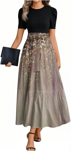 Maxi Flower Print 2025 Dresses for Women, Beach Elegant Womens Jumpsuit Spring Bow Crew Neck Rompers for Women