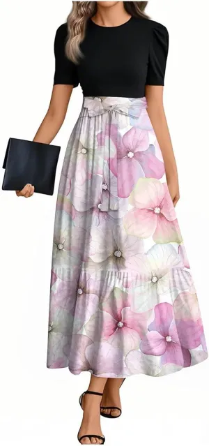 Maxi Flower Print 2025 Dresses for Women, Beach Elegant Womens Jumpsuit Spring Bow Crew Neck Rompers for Women