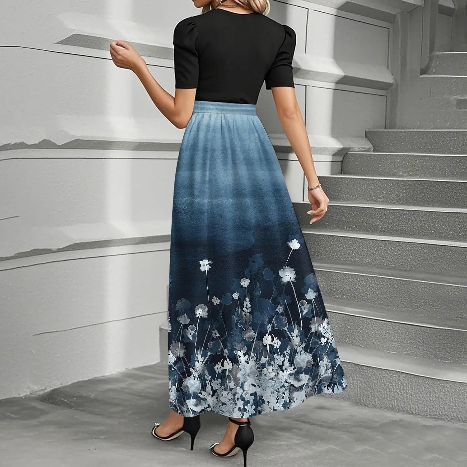 Maxi Flower Print 2025 Dresses for Women, Beach Elegant Womens Jumpsuit Spring Bow Crew Neck Rompers for Women
