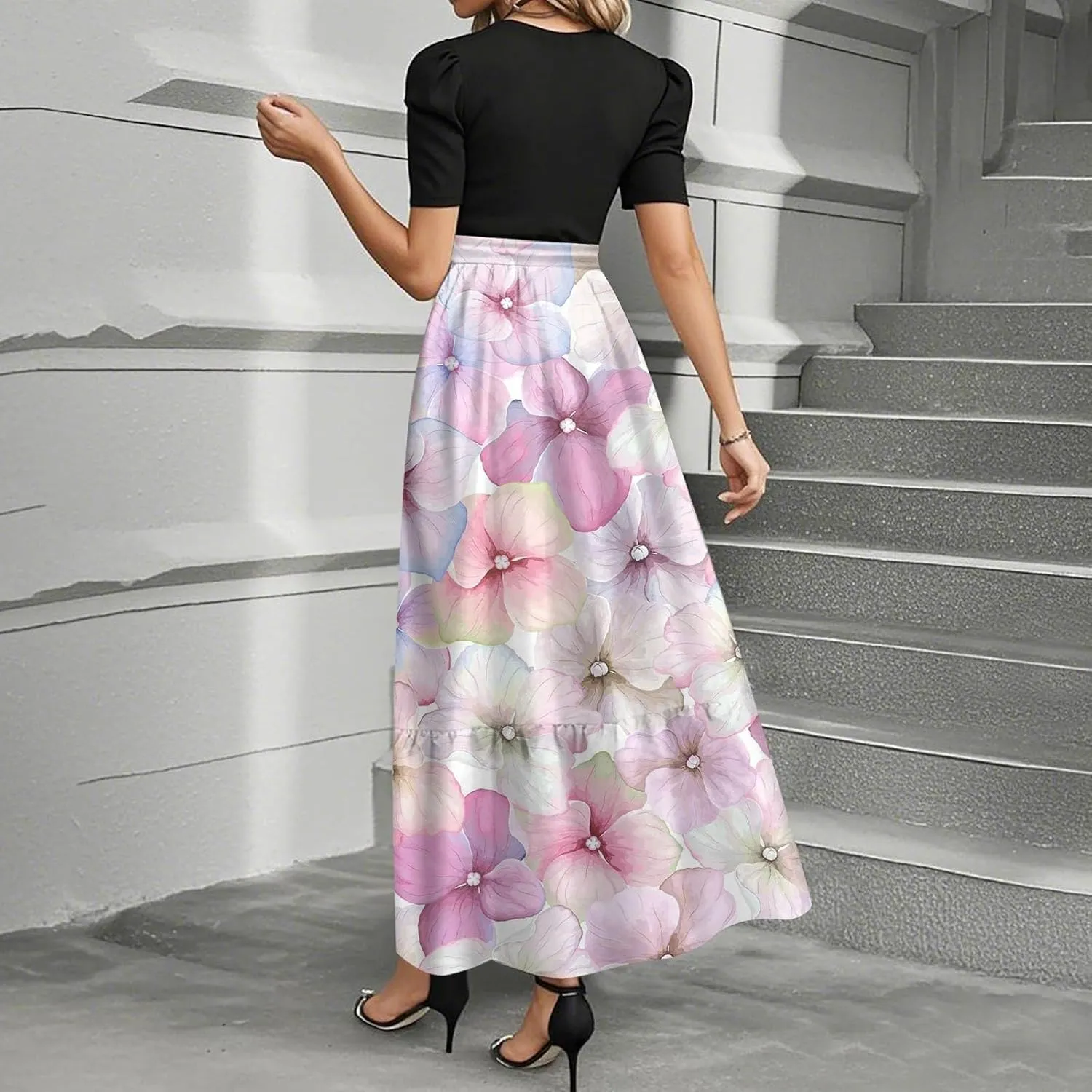 Maxi Flower Print 2025 Dresses for Women, Beach Elegant Womens Jumpsuit Spring Bow Crew Neck Rompers for Women