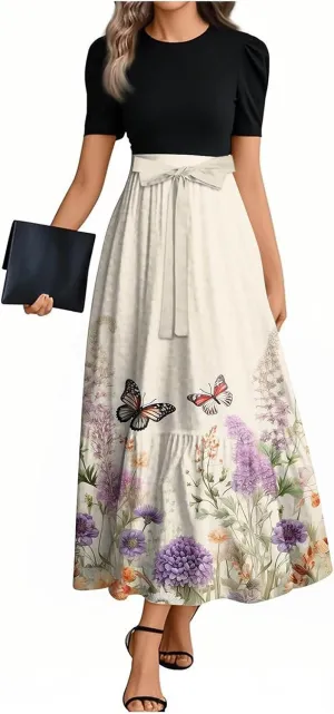 Maxi Flower Print 2025 Dresses for Women, Beach Elegant Womens Jumpsuit Spring Bow Crew Neck Rompers for Women