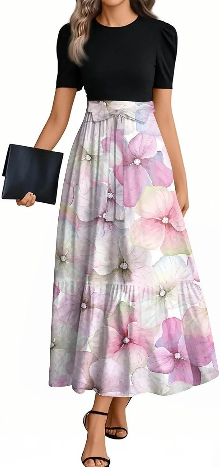Maxi Flower Print 2025 Dresses for Women, Beach Elegant Womens Jumpsuit Spring Bow Crew Neck Rompers for Women